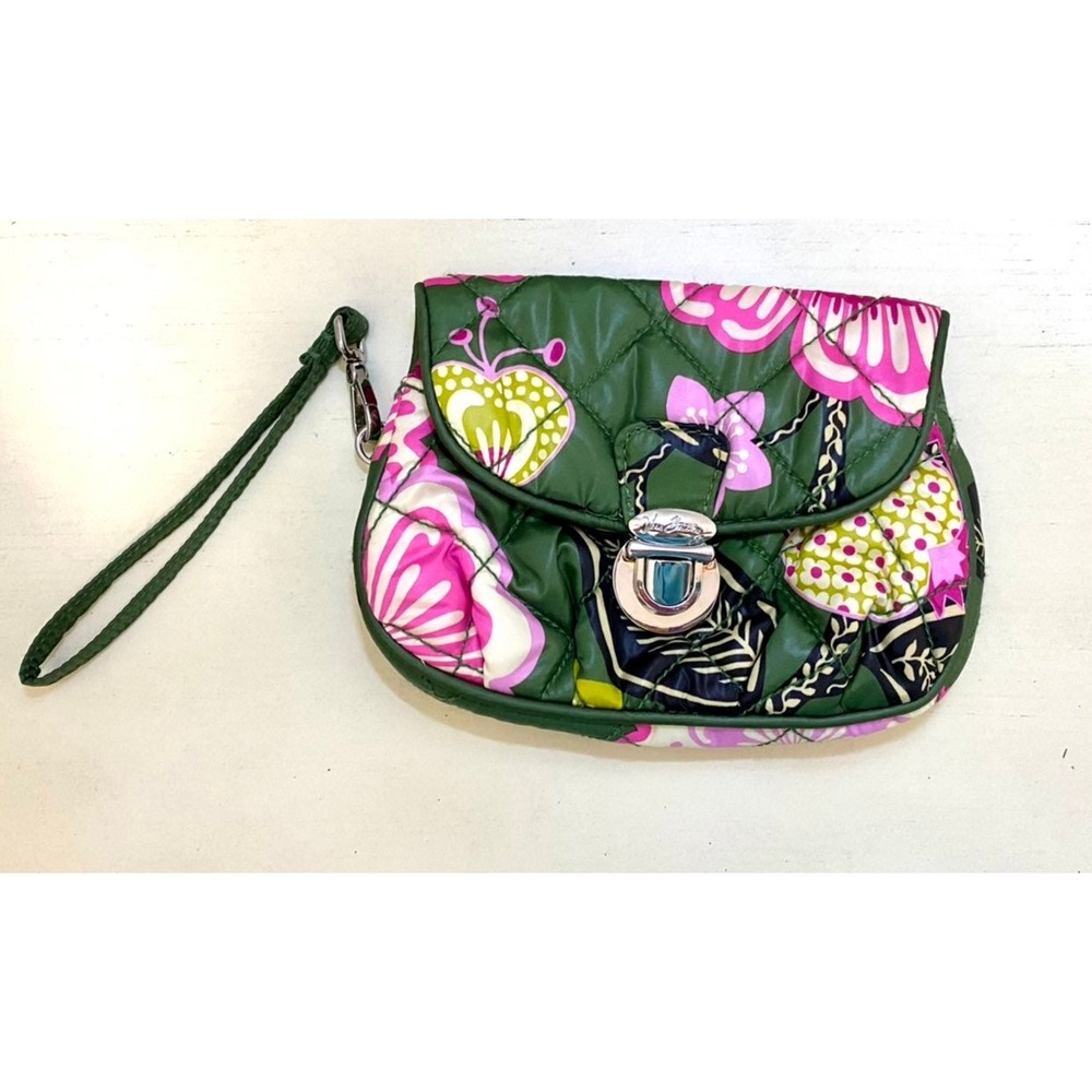 Vera Bradley Wristlet Purse Quilted Floral Green Pink Small Handbag Bag
